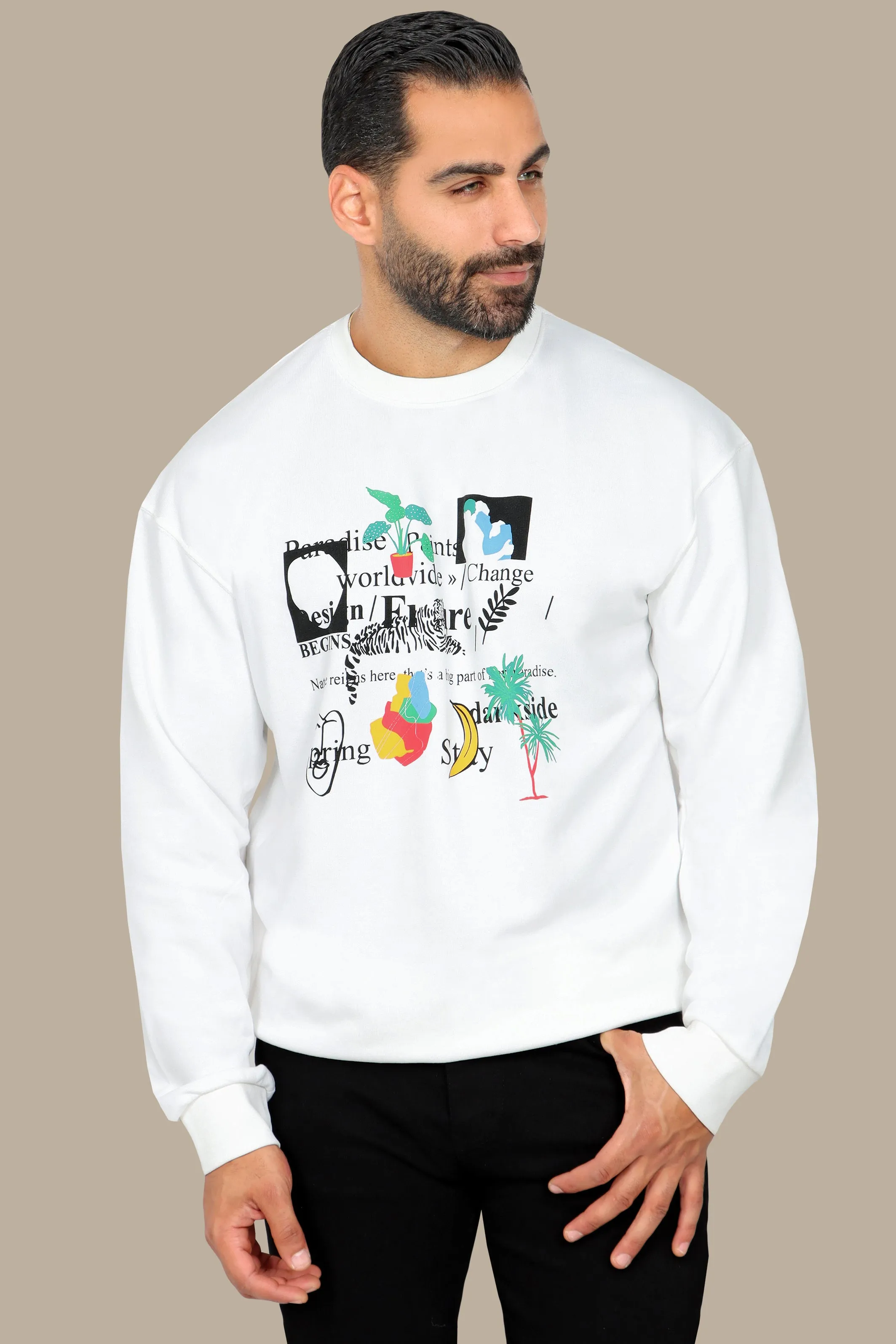 Graphic Appeal: White Sweatshirt with R Prints & Letters