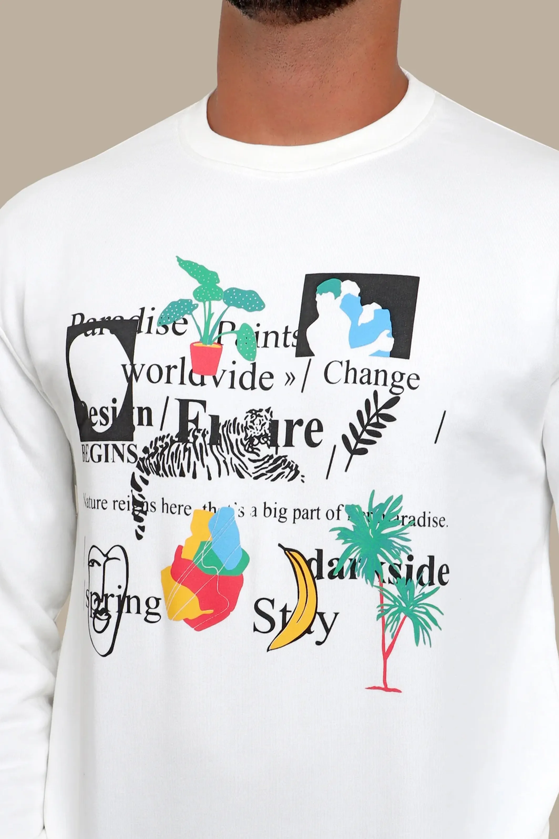 Graphic Appeal: White Sweatshirt with R Prints & Letters