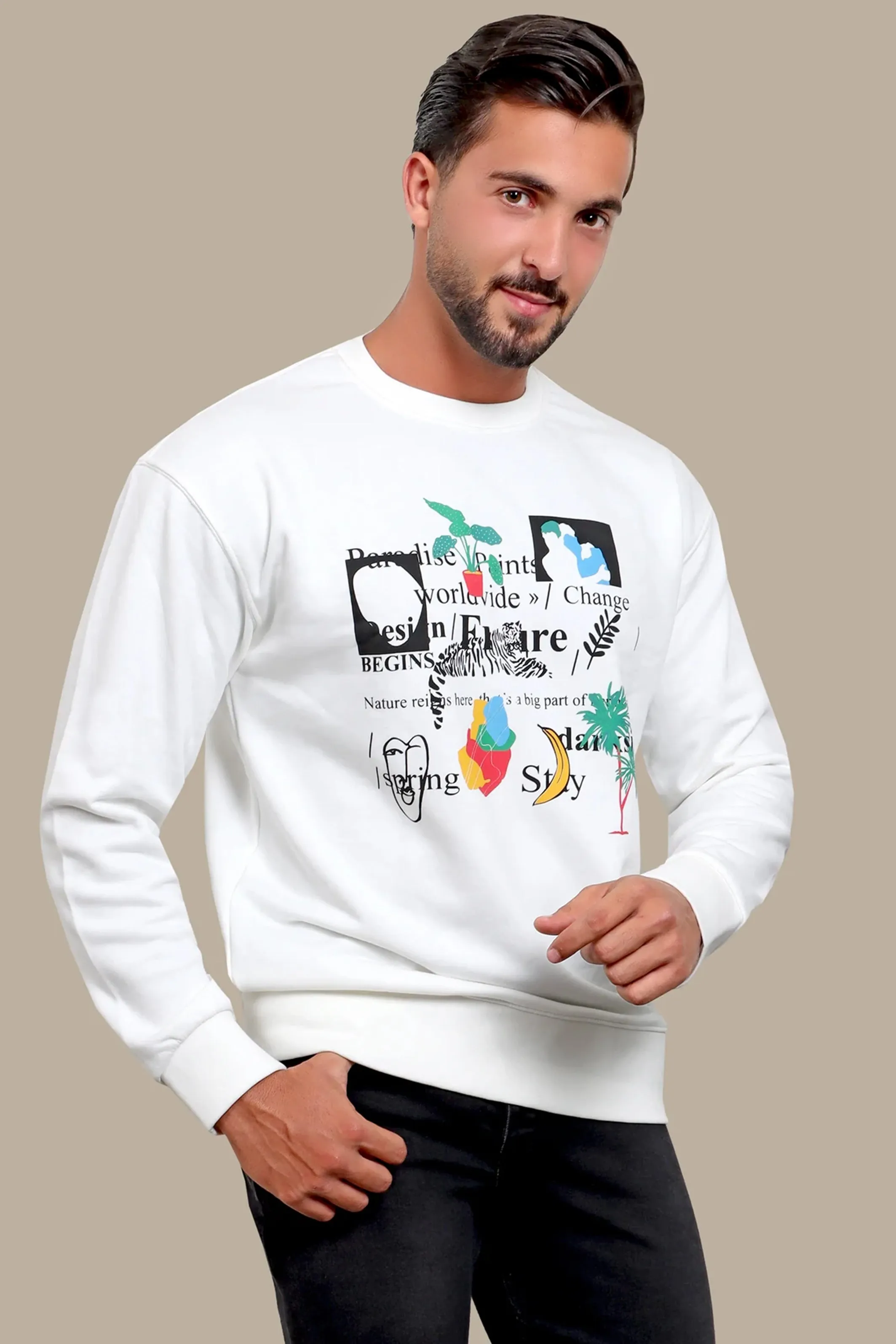 Graphic Appeal: White Sweatshirt with R Prints & Letters