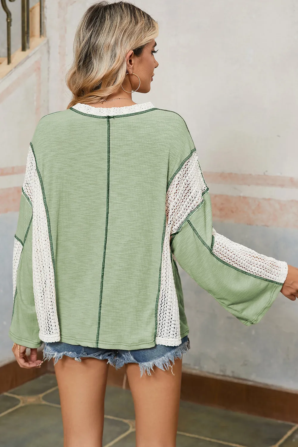 Grass Green Crochet Patchwork Exposed Seam High Low Loose Top