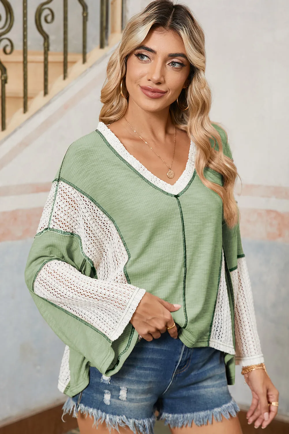 Grass Green Crochet Patchwork Exposed Seam High Low Loose Top