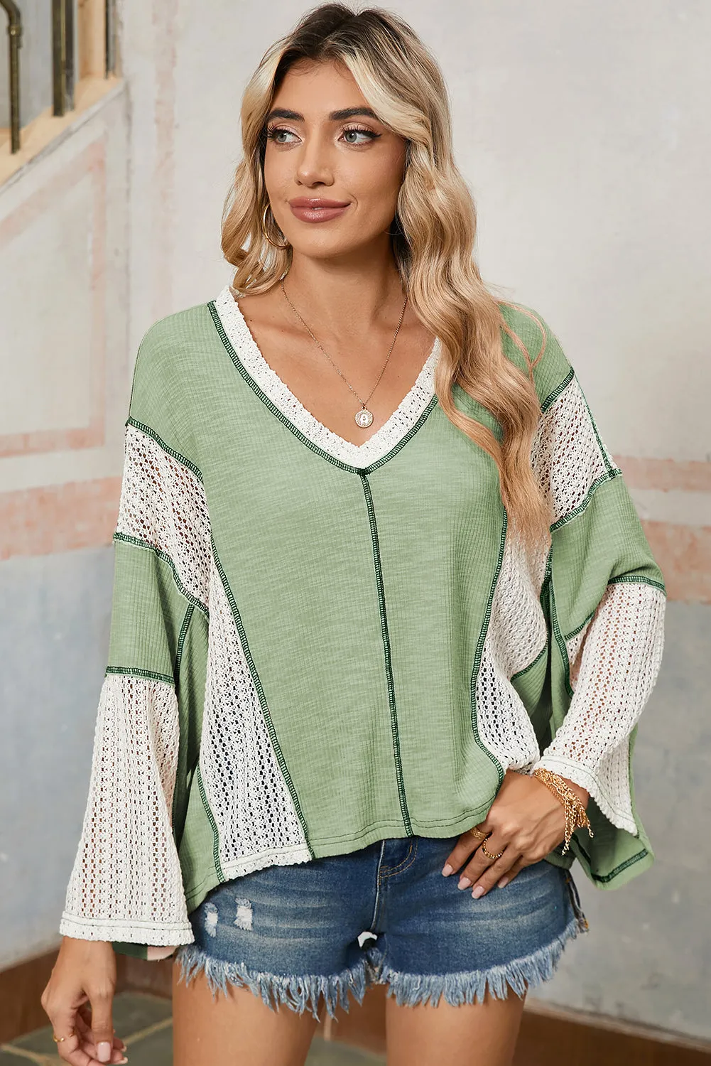 Grass Green Crochet Patchwork Exposed Seam High Low Loose Top