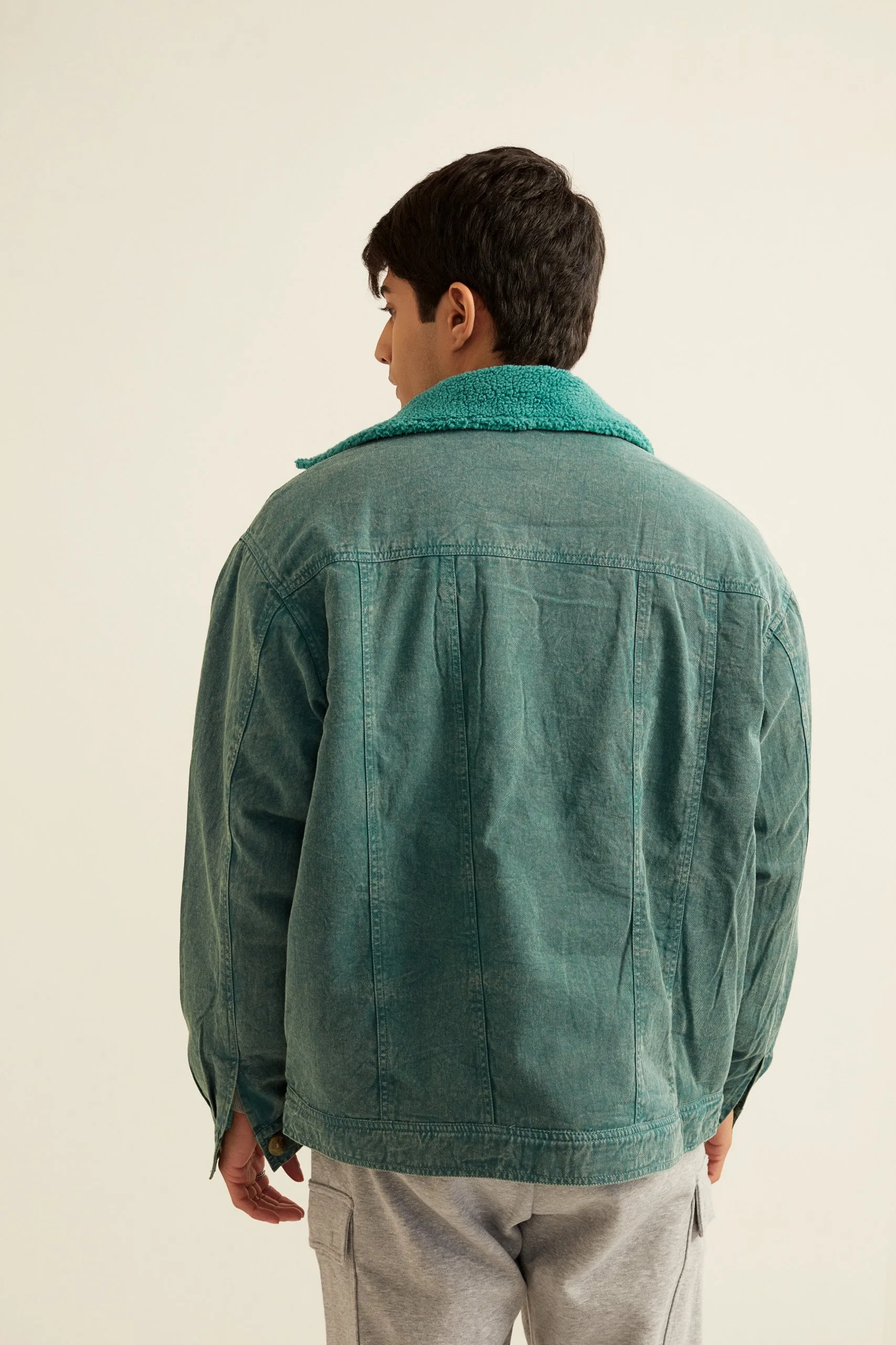 Green Acid Washed Twill Jacket with Faux Fur