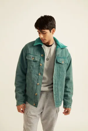 Green Acid Washed Twill Jacket with Faux Fur