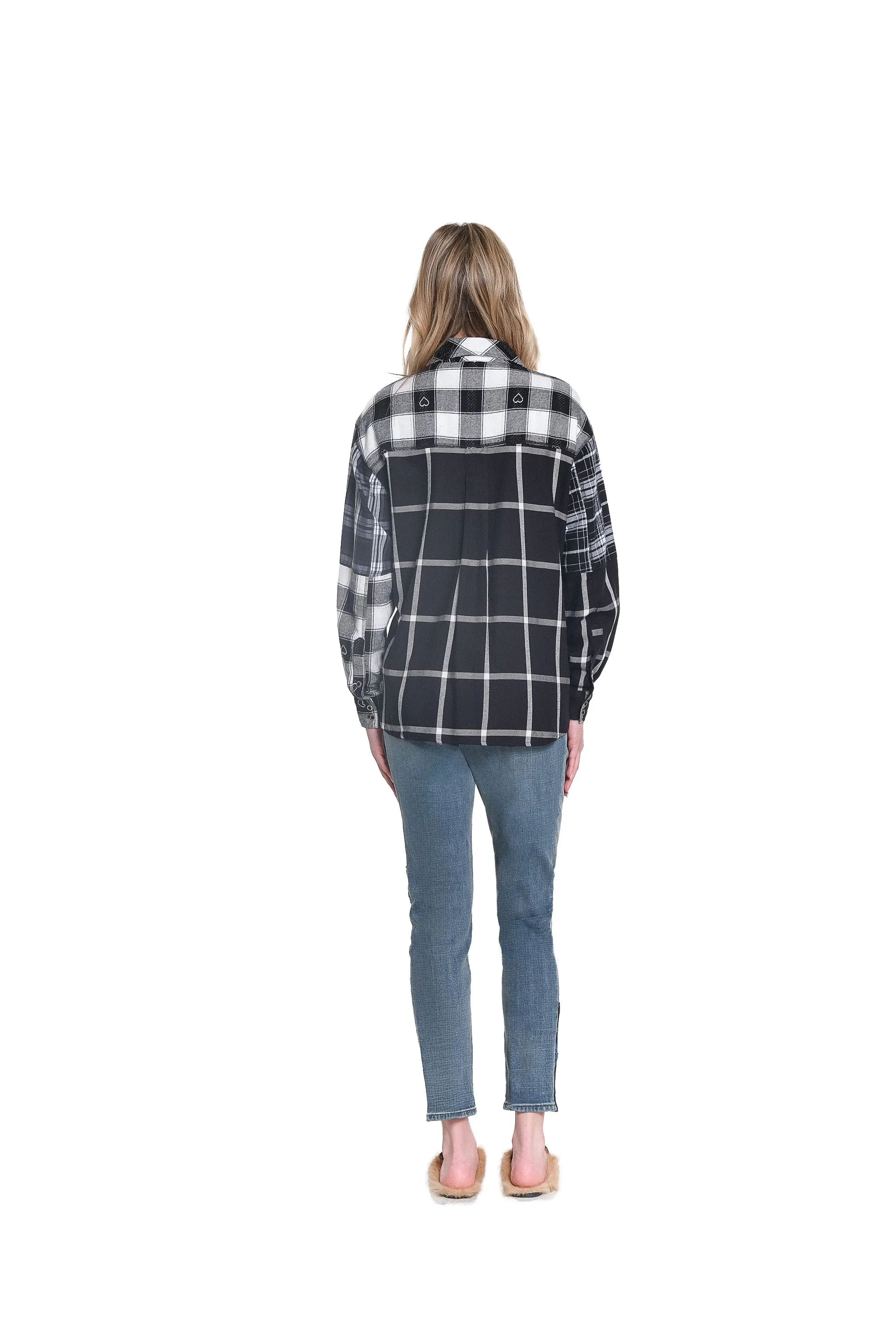 HALF-ZIP FRONT MIXED PLAID SHIRT - Black