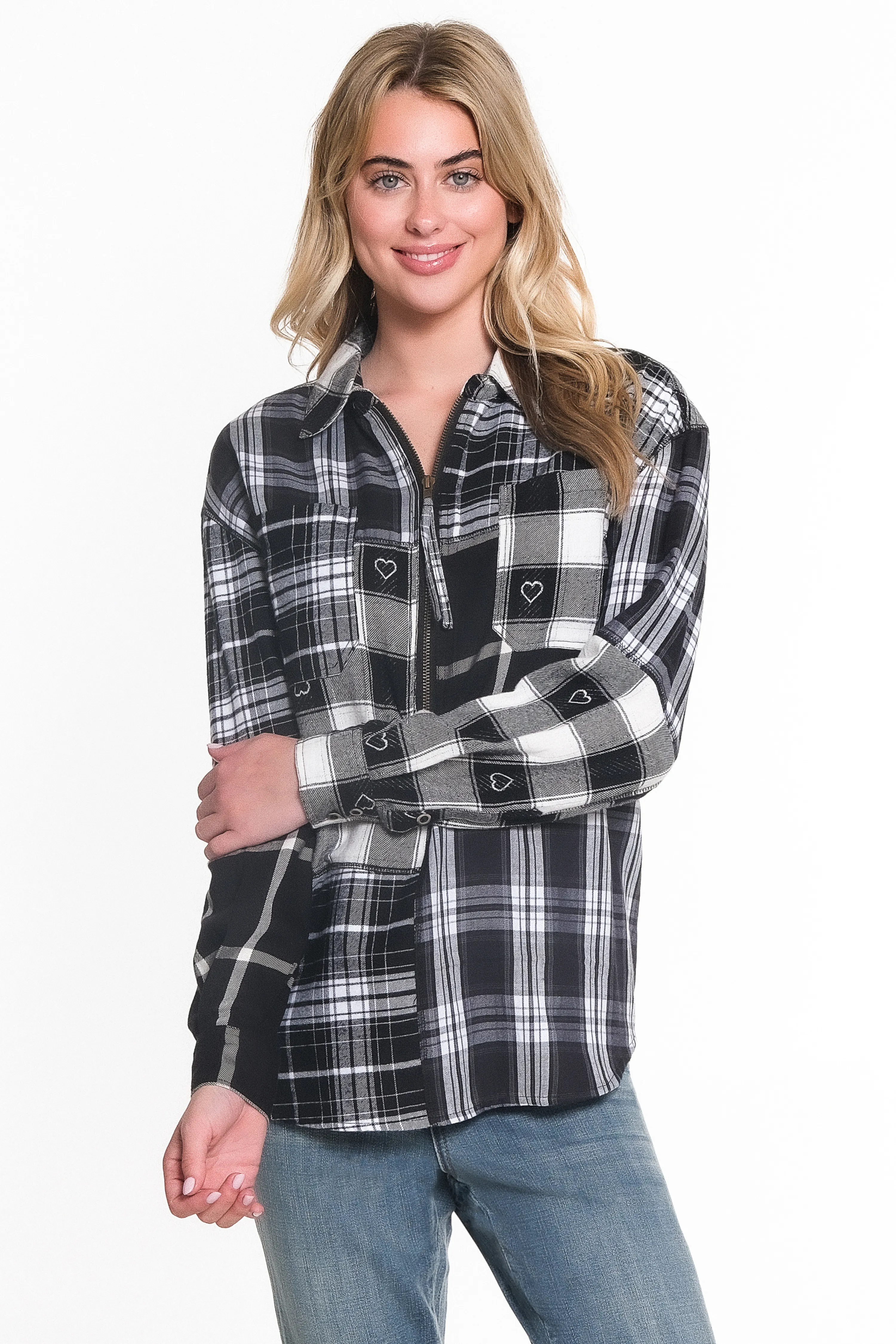 HALF-ZIP FRONT MIXED PLAID SHIRT - Black