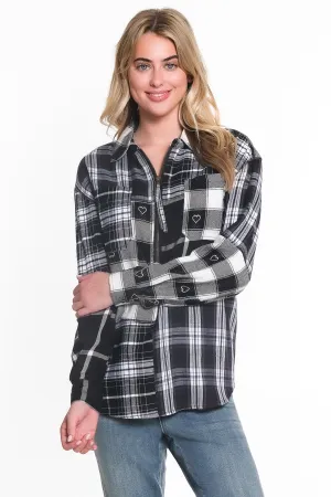 HALF-ZIP FRONT MIXED PLAID SHIRT - Black