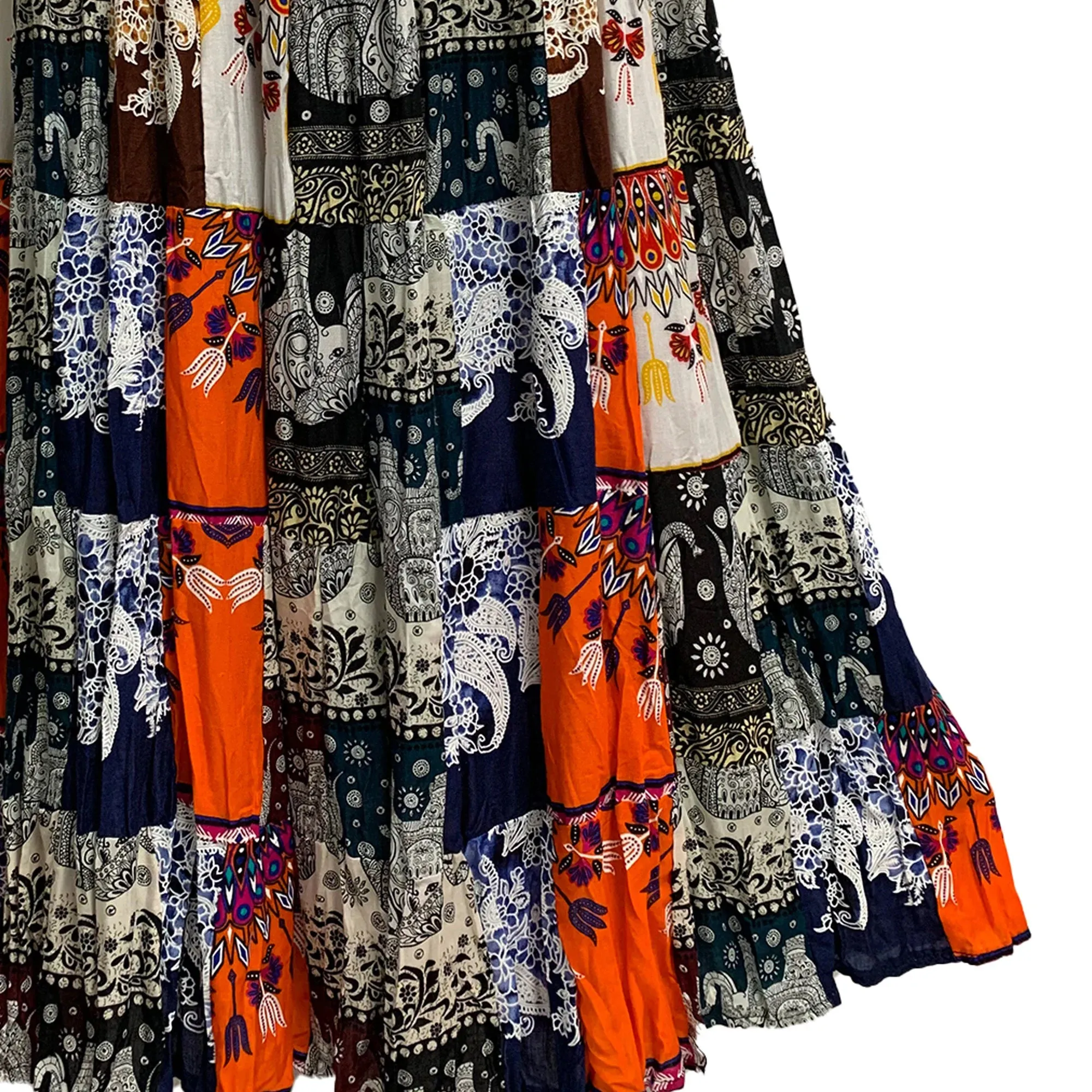 Handmade Ethnic Print Patchwork Crinkled Broomstick Boho Long Skirt