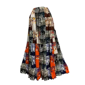 Handmade Ethnic Print Patchwork Crinkled Broomstick Boho Long Skirt