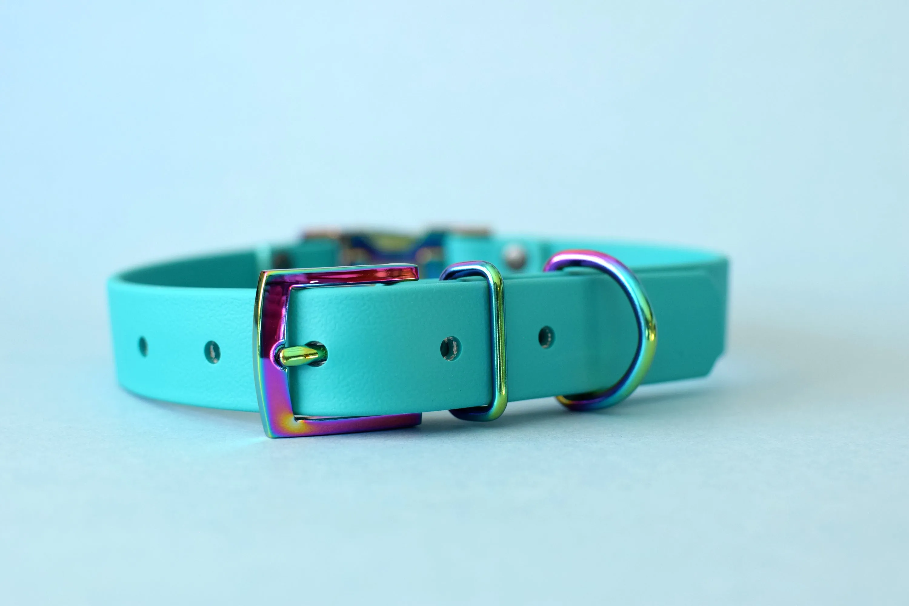 HARDWARE RETIREMENT SALE - Teal & Gasoline Rainbow Biothane Dog Collar