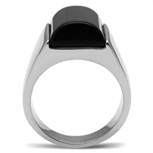 High polished (no plating) Stainless Steel Ring with Semi-Precious Onyx in Jet for Women Style TK379