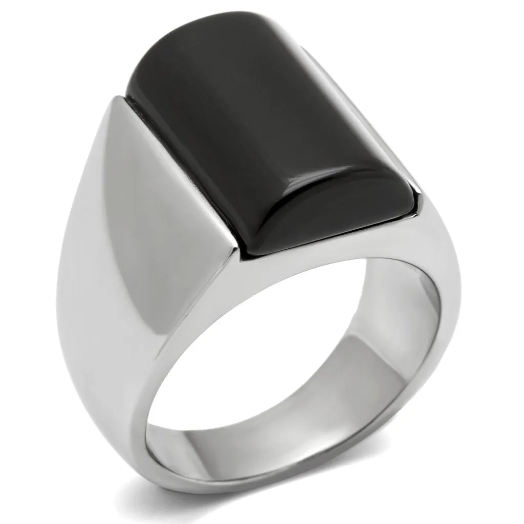 High polished (no plating) Stainless Steel Ring with Semi-Precious Onyx in Jet for Women Style TK379