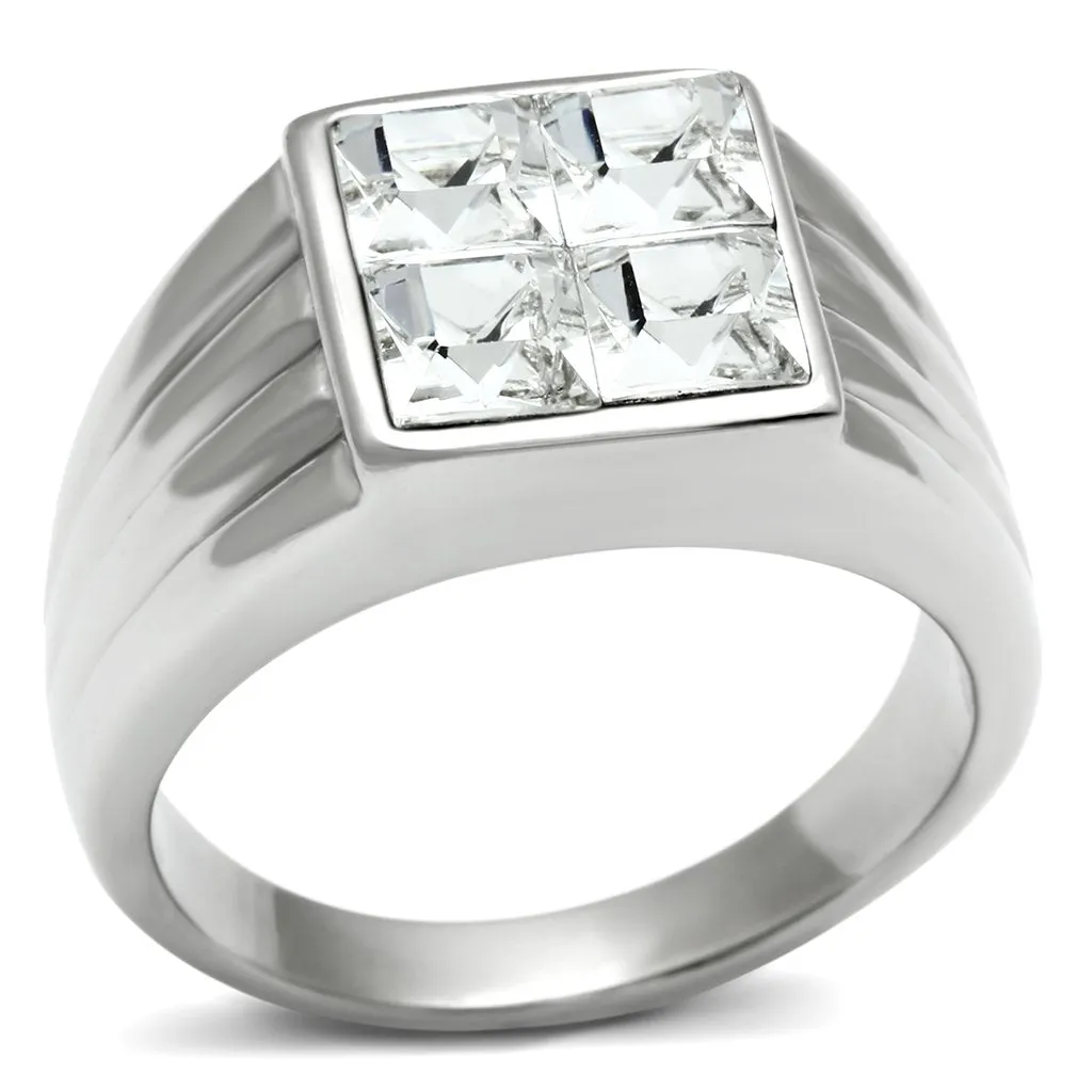 High polished (no plating) Stainless Steel Ring with Top Grade Crystal in Clear for Women Style TK489