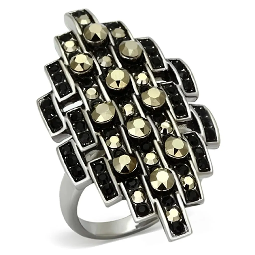 High polished (no plating) Stainless Steel Ring with Top Grade Crystal in Jet for Women Style TK1136