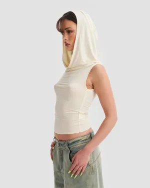 Hooded Cowl Neck Tank Top In Cream