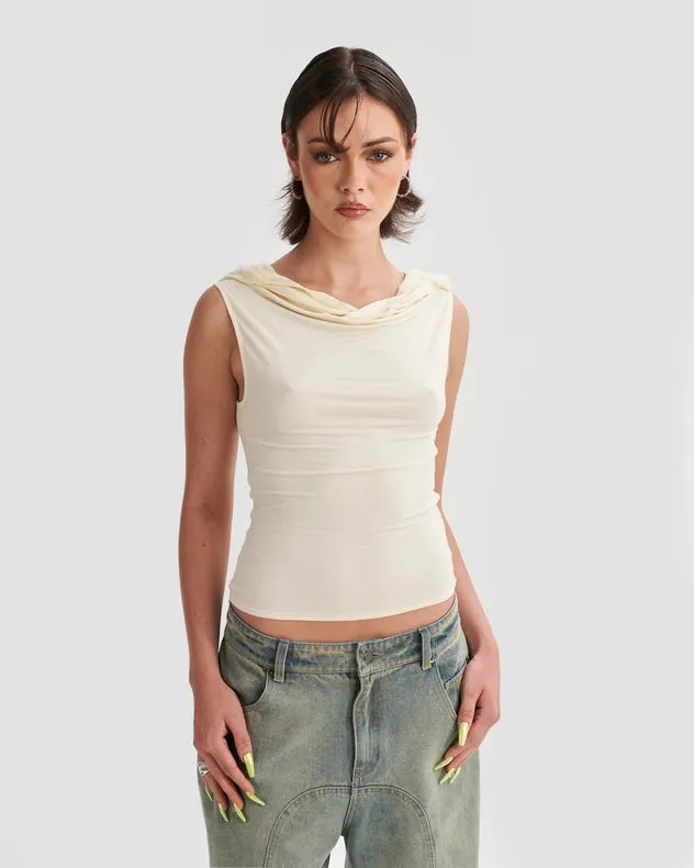 Hooded Cowl Neck Tank Top In Cream