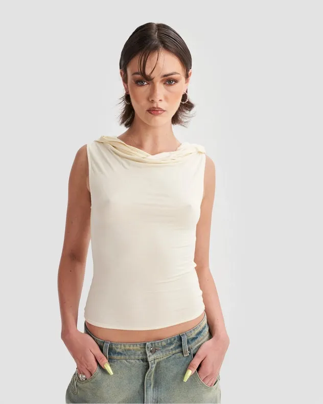 Hooded Cowl Neck Tank Top In Cream