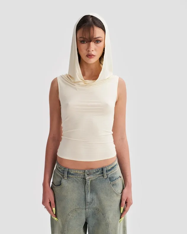 Hooded Cowl Neck Tank Top In Cream