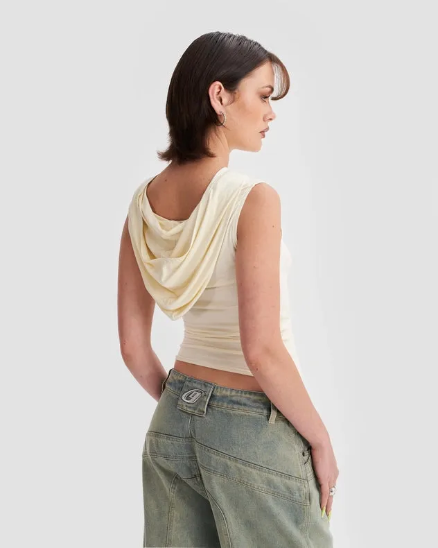 Hooded Cowl Neck Tank Top In Cream