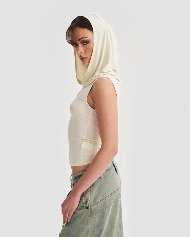 Hooded Cowl Neck Tank Top In Cream