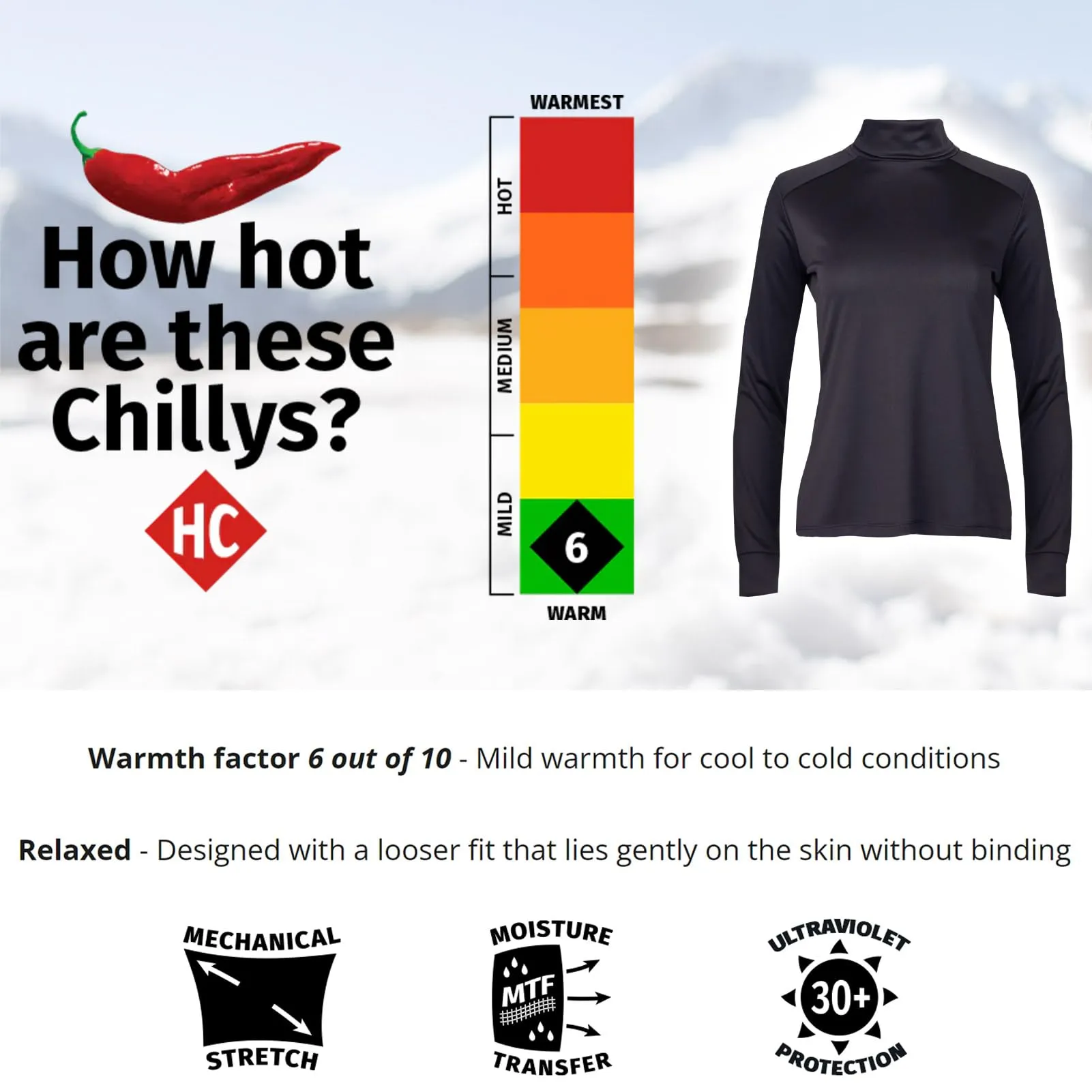 Hot Chillys Wopeach Skins Solid T-Neck Womens Black Large