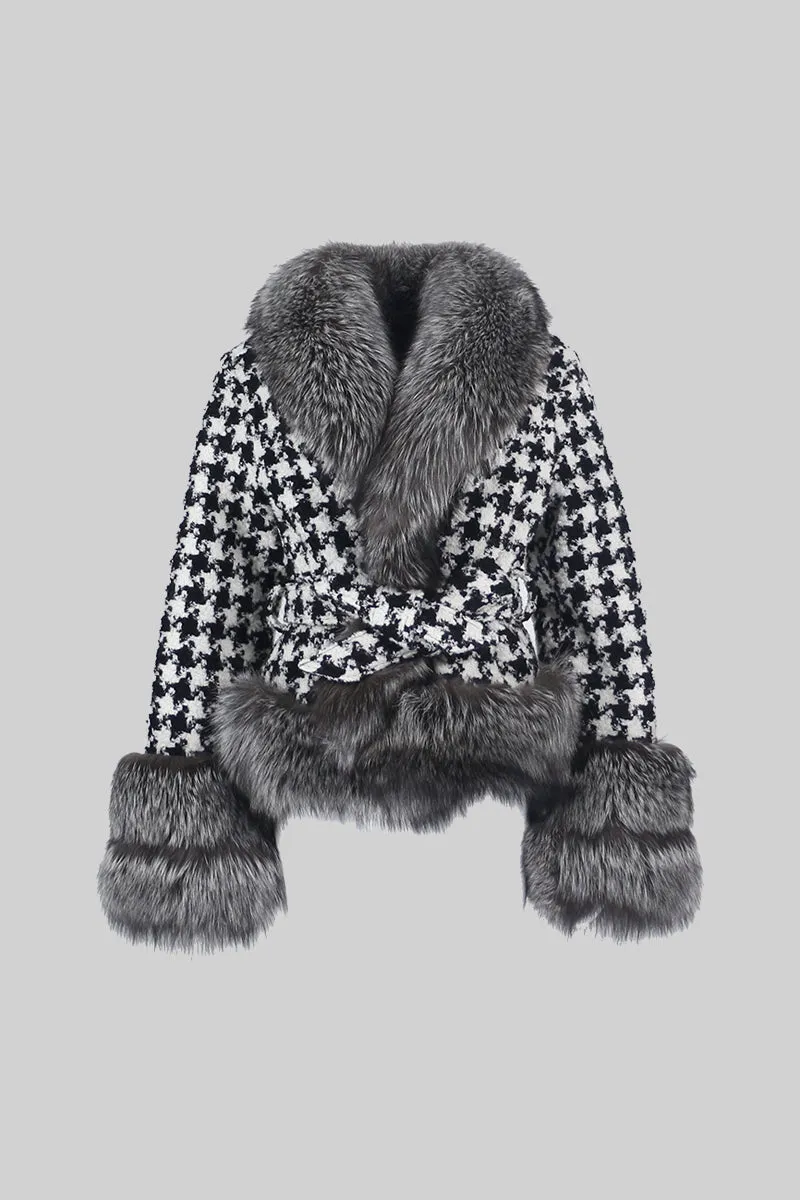 Houndstooth Wool Belted Coat with Fur