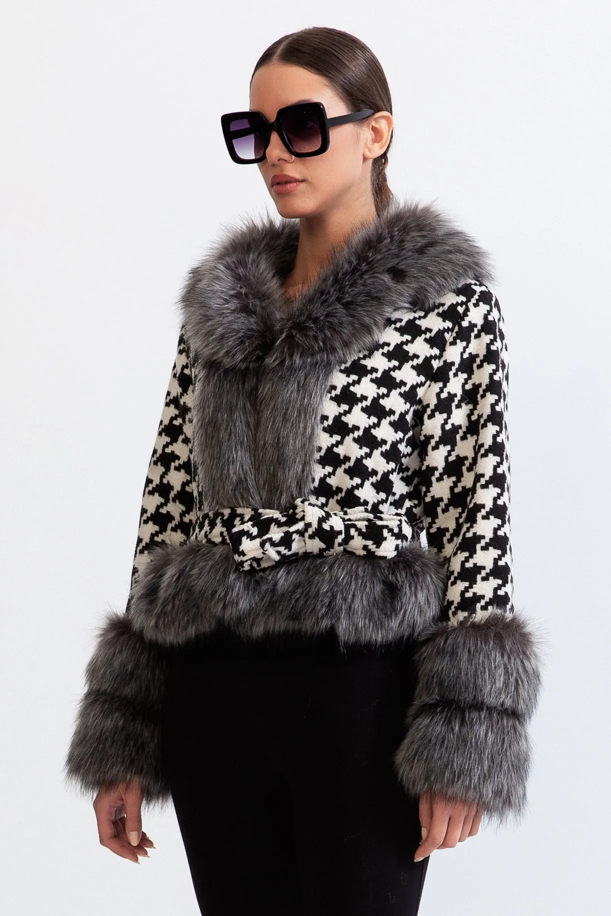 Houndstooth Wool Belted Coat with Fur