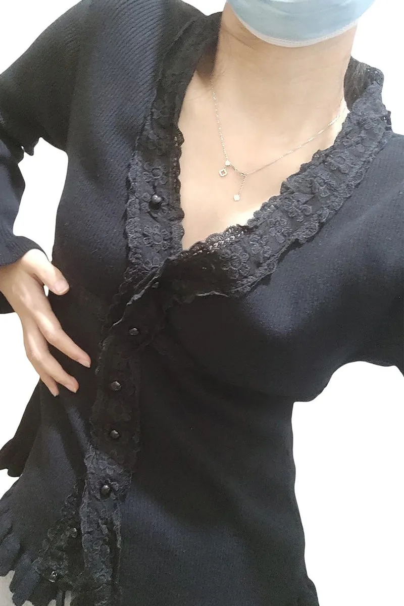 HTR1236 Vintage Lace-Trimmed Cardigan