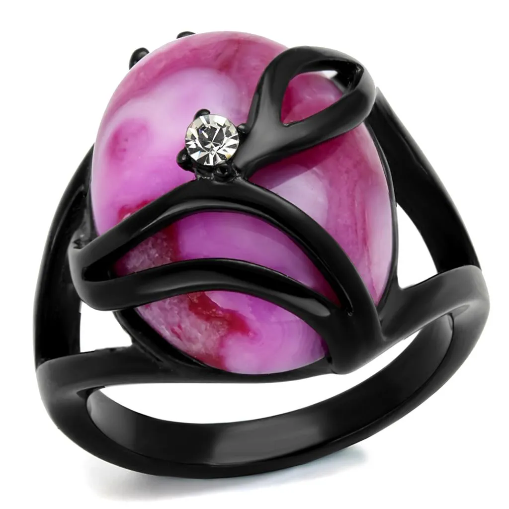 IP Black(Ion Plating) Stainless Steel Ring with Synthetic Cat Eye in Fuchsia for Women Style TK1144J