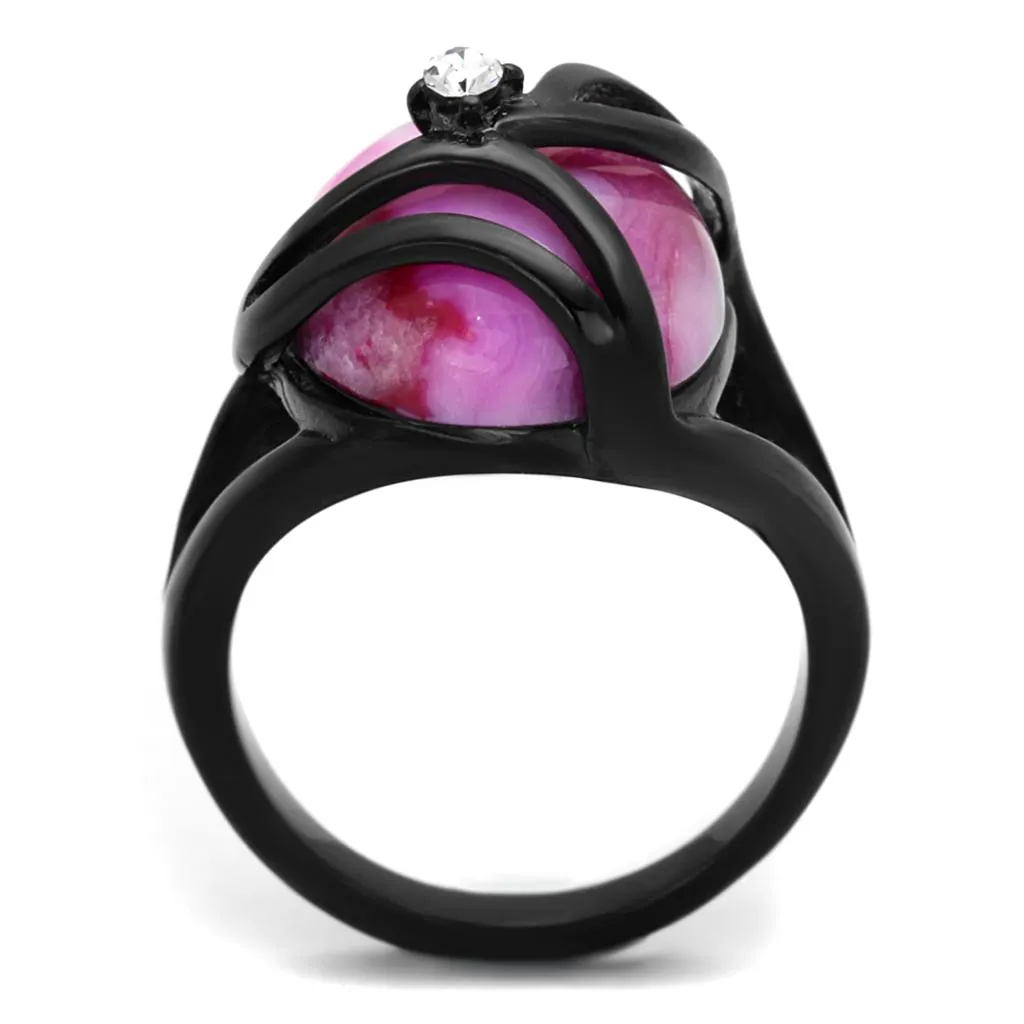 IP Black(Ion Plating) Stainless Steel Ring with Synthetic Cat Eye in Fuchsia for Women Style TK1144J