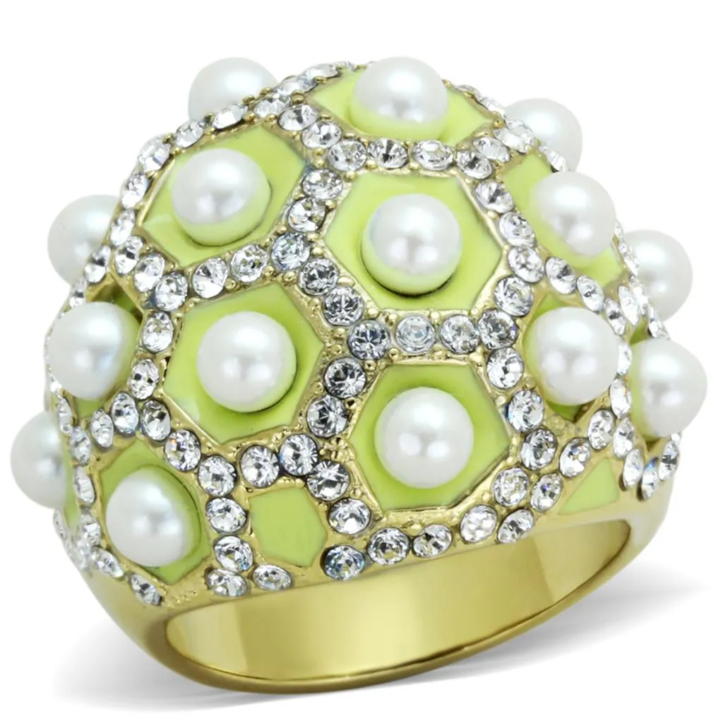 IP Gold(Ion Plating) Stainless Steel Ring with Synthetic Pearl in White for Women Style TK1636