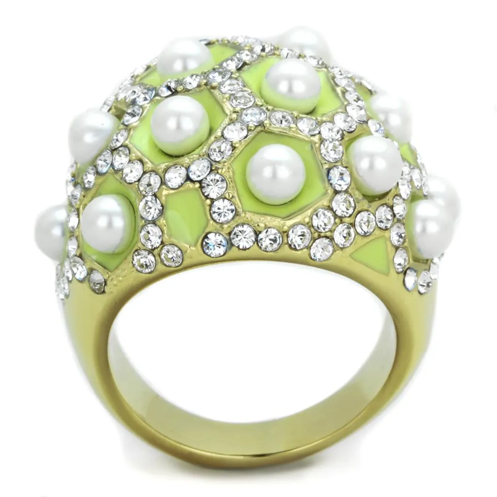 IP Gold(Ion Plating) Stainless Steel Ring with Synthetic Pearl in White for Women Style TK1636