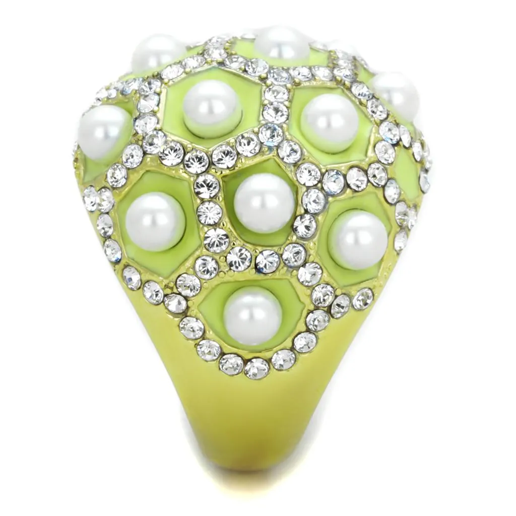 IP Gold(Ion Plating) Stainless Steel Ring with Synthetic Pearl in White for Women Style TK1636