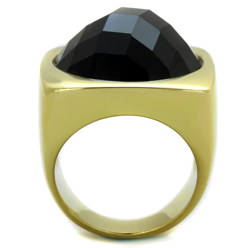 IP Gold(Ion Plating) Stainless Steel Ring with Synthetic Synthetic Stone in Jet for Women Style TK1925