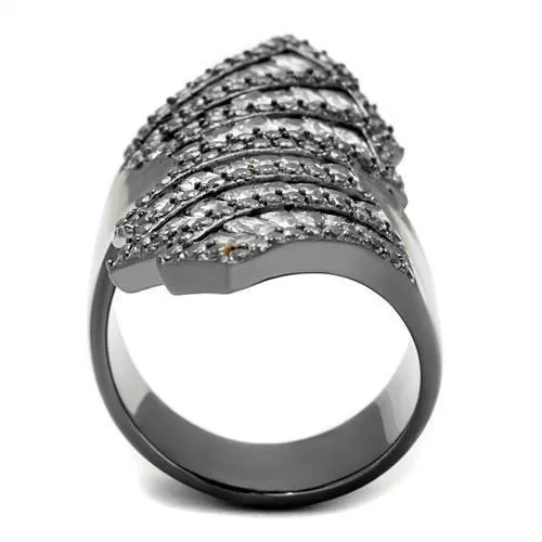 IP Light Black (IP Gun) Stainless Steel Ring with AAA Grade CZ in Clear for Women Style TK2699