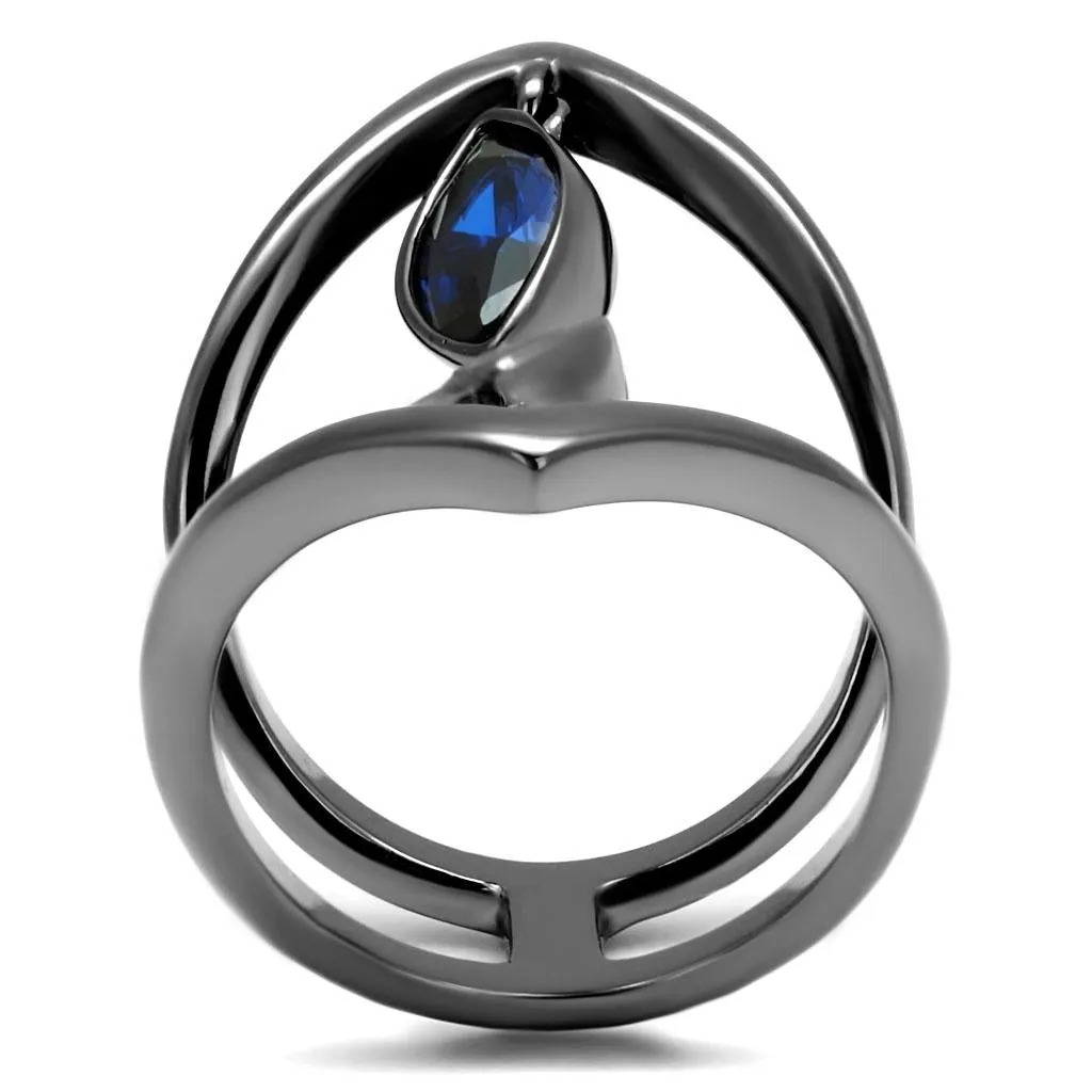 IP Light Black (IP Gun) Stainless Steel Ring with Synthetic Spinel in London Blue for Women Style TK2990