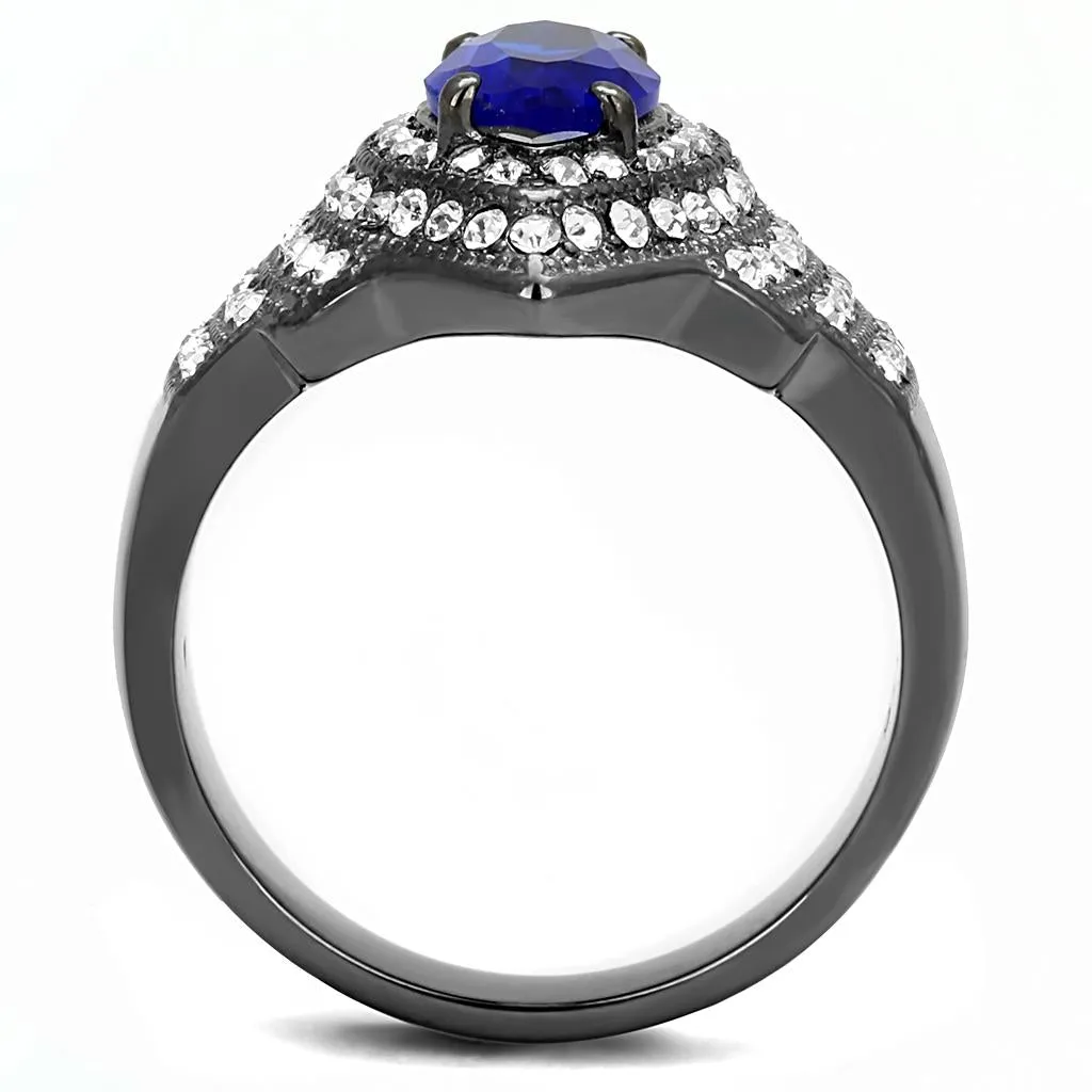 IP Light Black (IP Gun) Stainless Steel Ring with Synthetic Synthetic Glass in Sapphire for Women Style TK3258