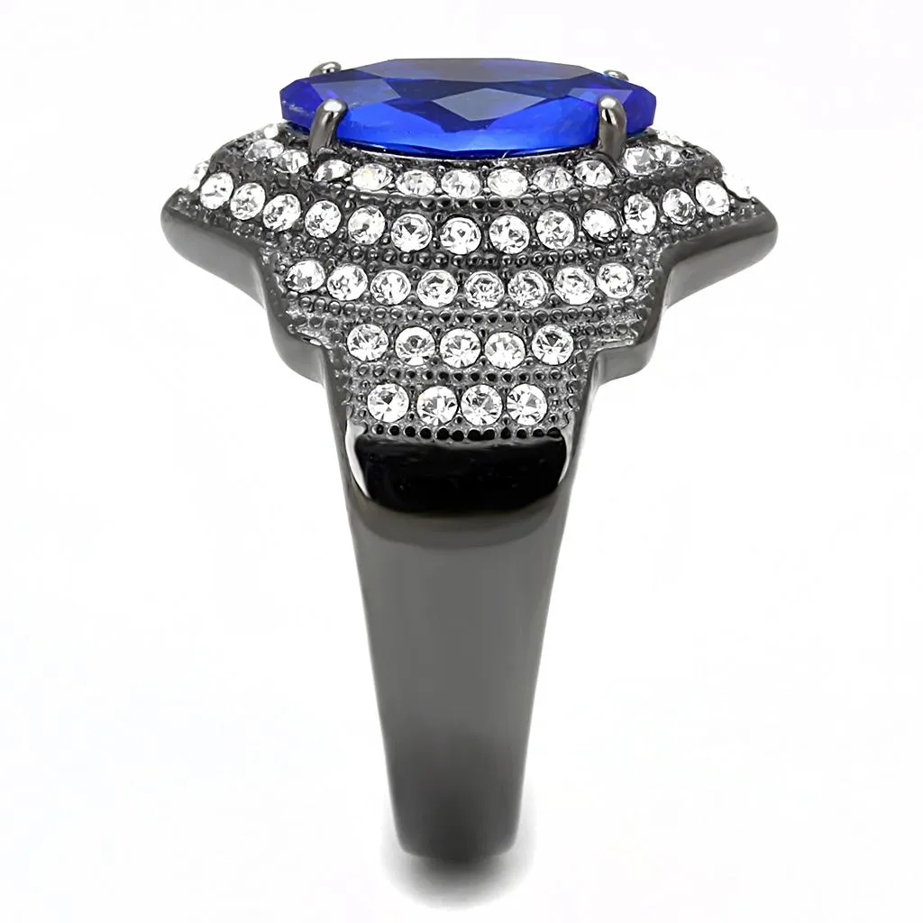 IP Light Black (IP Gun) Stainless Steel Ring with Synthetic Synthetic Glass in Sapphire for Women Style TK3258