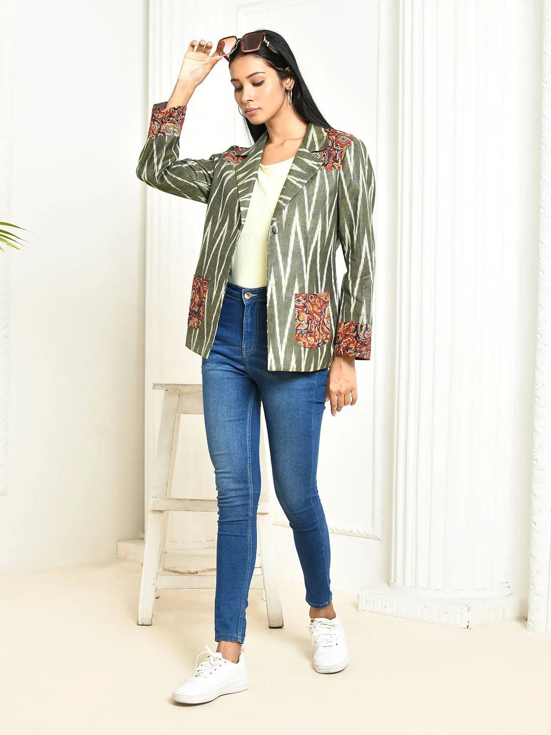 Ira Grey Cotton Ikkat Printed Oversized Blazer