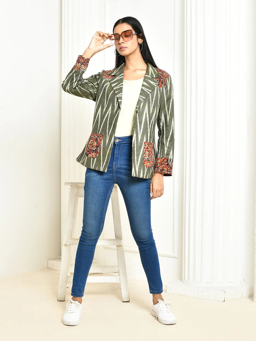 Ira Grey Cotton Ikkat Printed Oversized Blazer