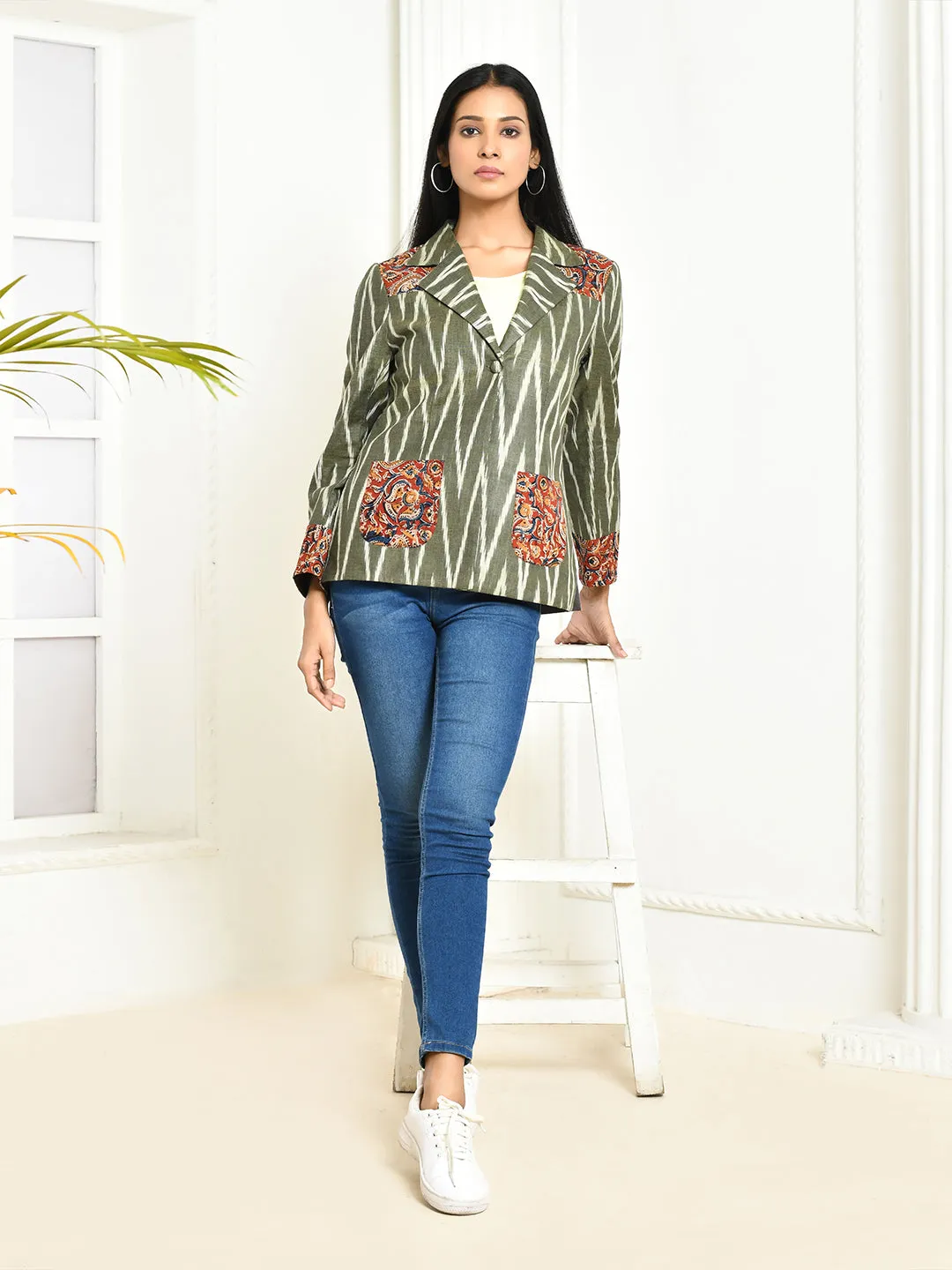 Ira Grey Cotton Ikkat Printed Oversized Blazer