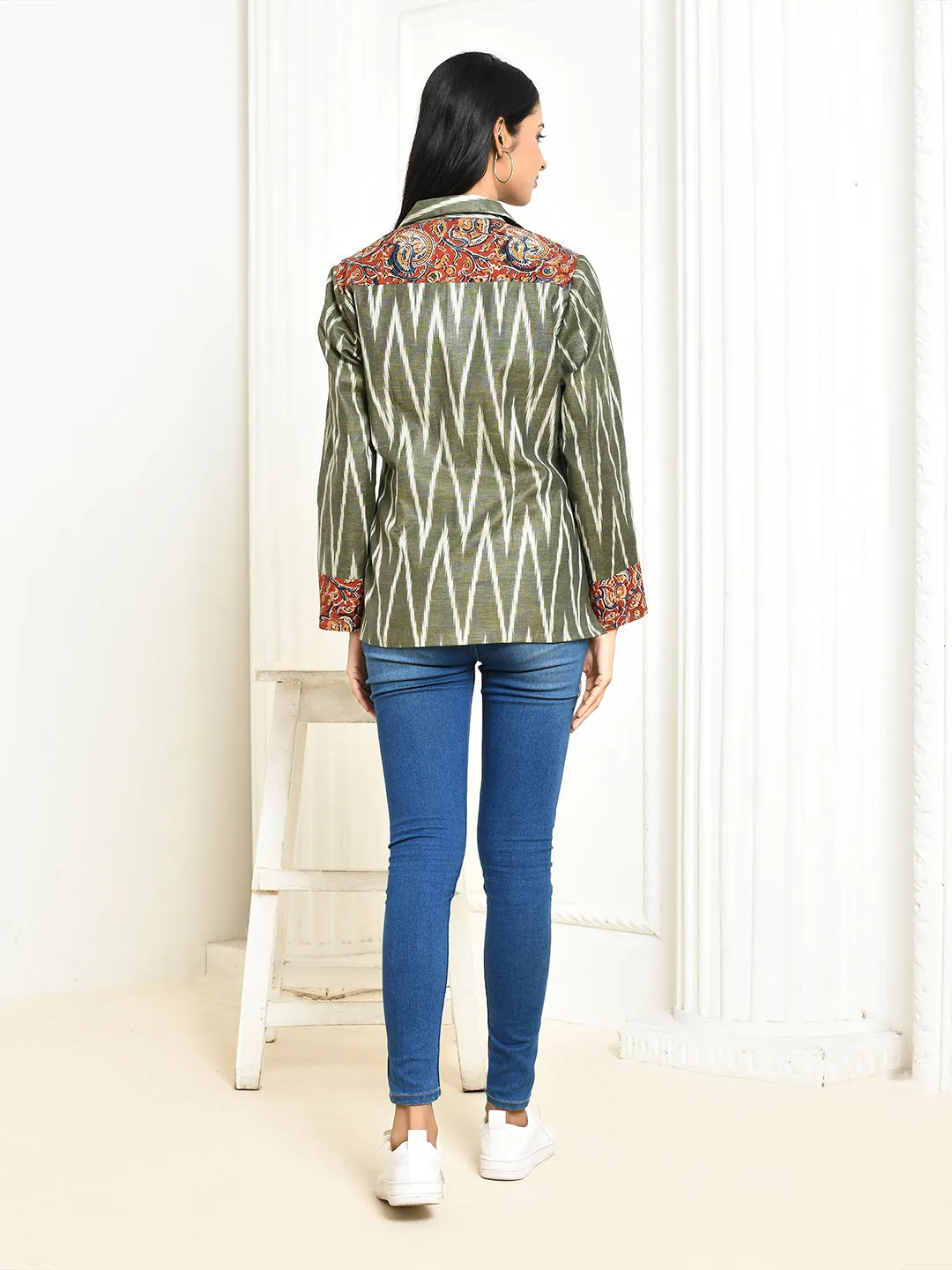 Ira Grey Cotton Ikkat Printed Oversized Blazer