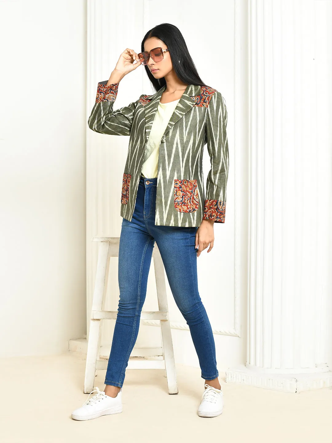 Ira Grey Cotton Ikkat Printed Oversized Blazer