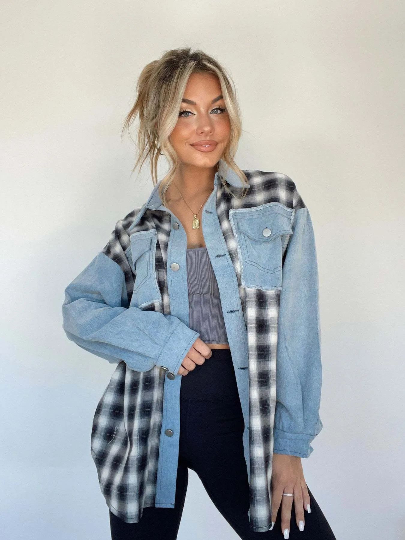 Ivyshape | Button-Up Plaid Denim Blouse