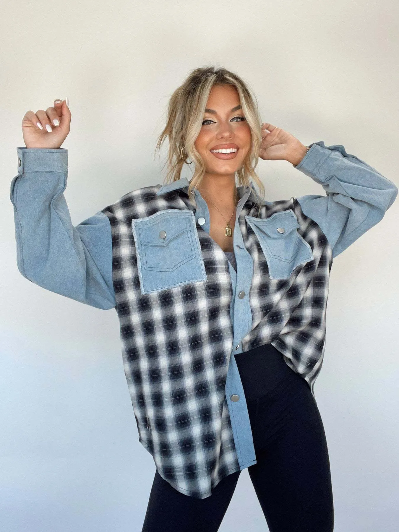 Ivyshape | Button-Up Plaid Denim Blouse