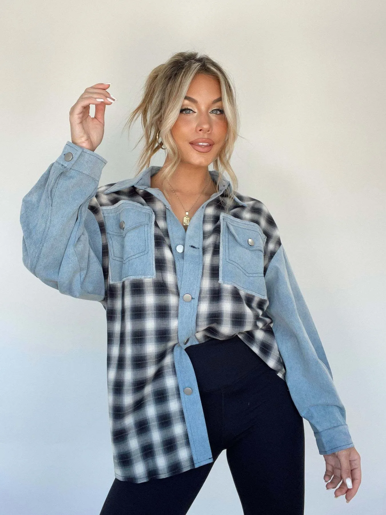 Ivyshape | Button-Up Plaid Denim Blouse