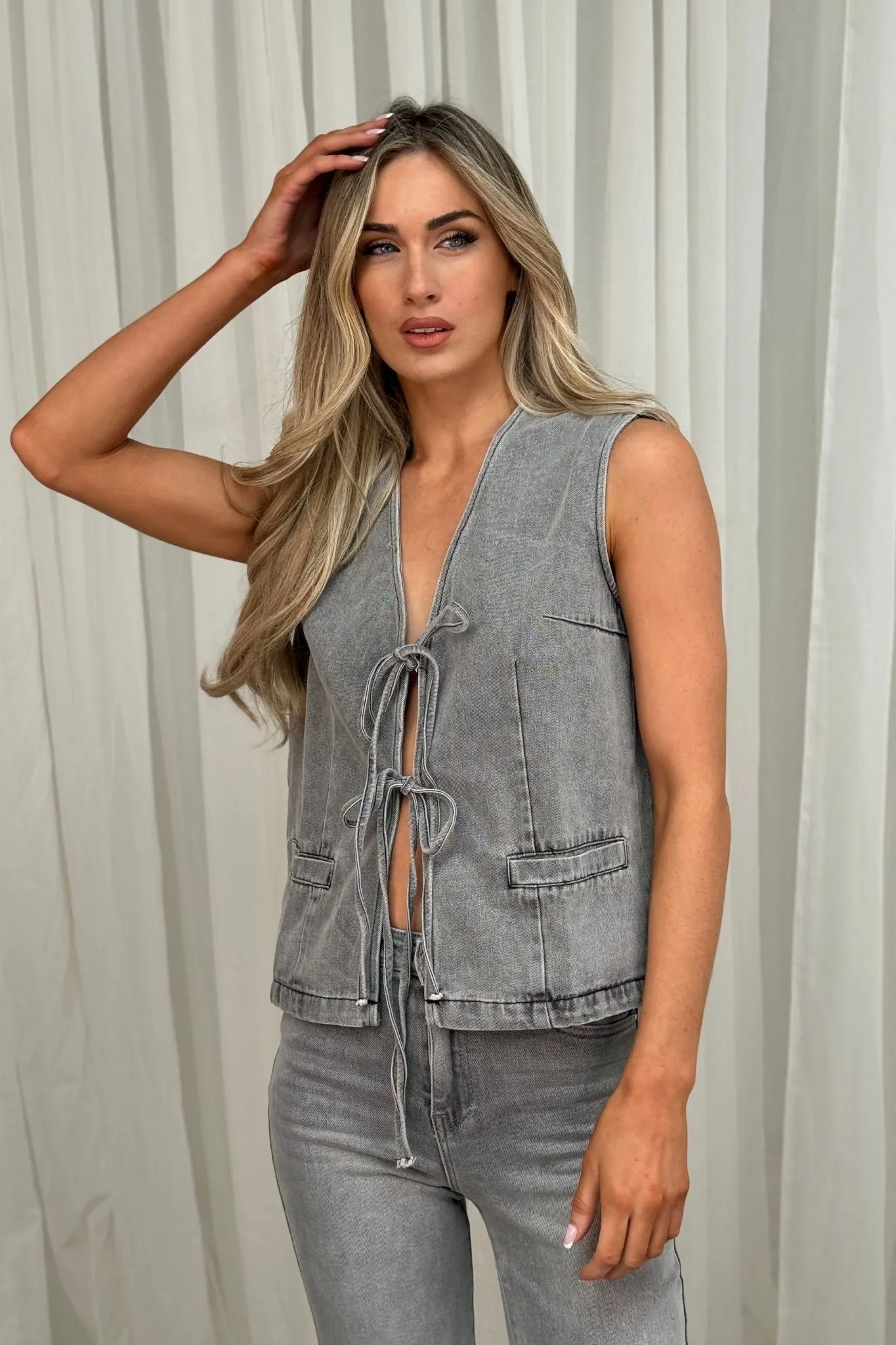 Jane Tie Front Denim Waistcoat In Grey