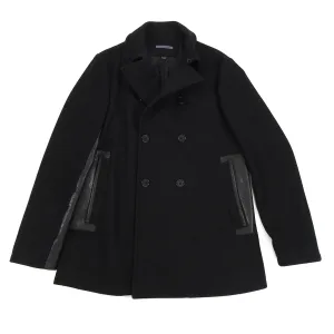 John Varvatos Black Wool and Leather Trim Pea Coat - M