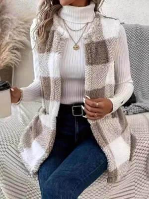 Knitted Plaid Open Front Vest Coat