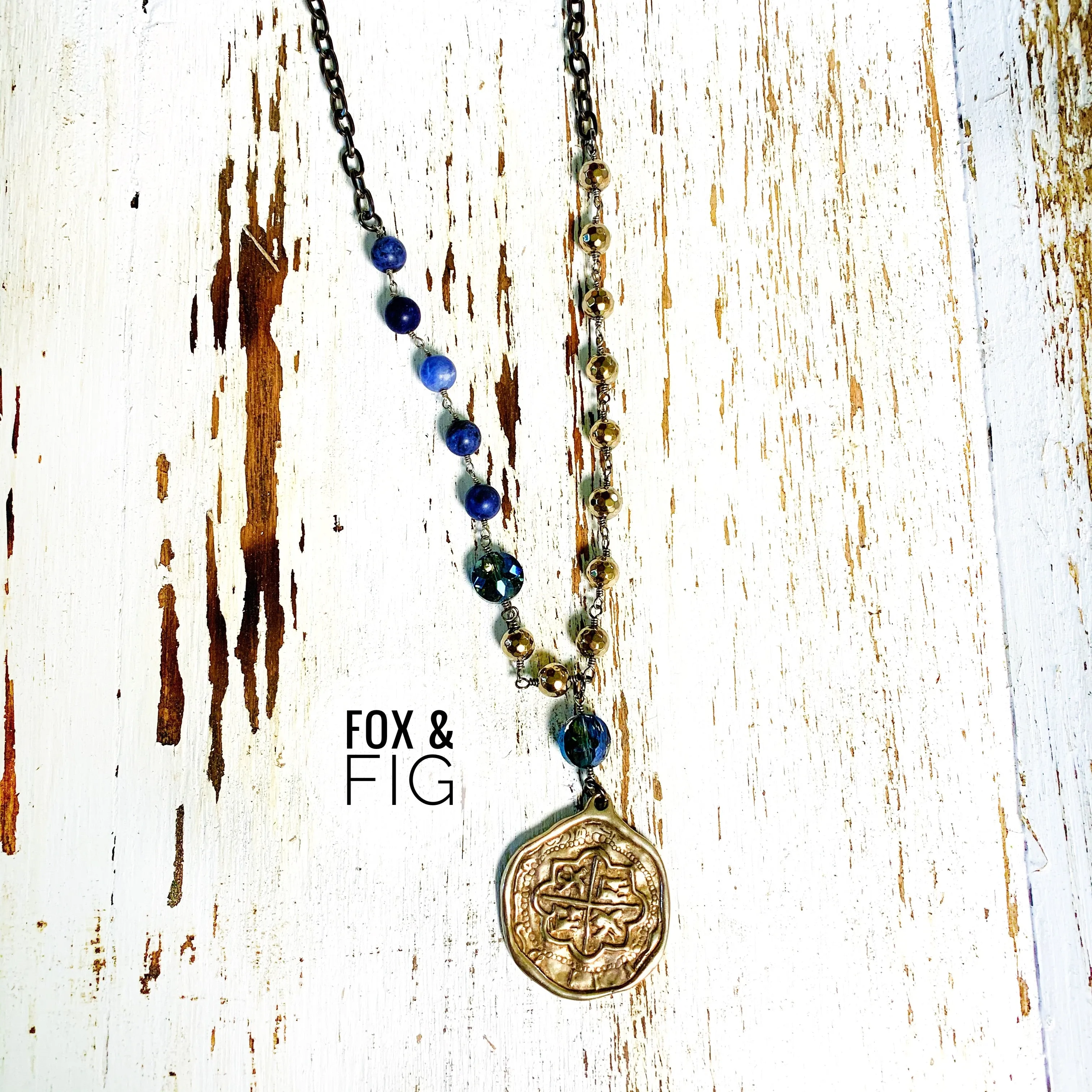 Lapis, Pyrite, Crystal, and Hand Cast White Bronze Pendant Necklace